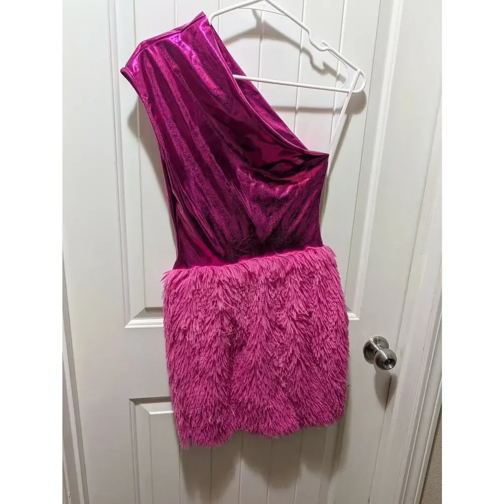 One Shoulder Metallic Feather Hem Cocktail Party Mini Dress Fuchsia Pink Size XS